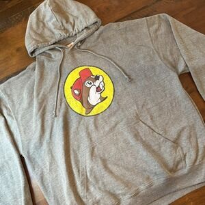 Buc-ee's Hoodie Mens XL Gray Pullover Fleece Kangaroo Pocket Beaver Logo Graphic
